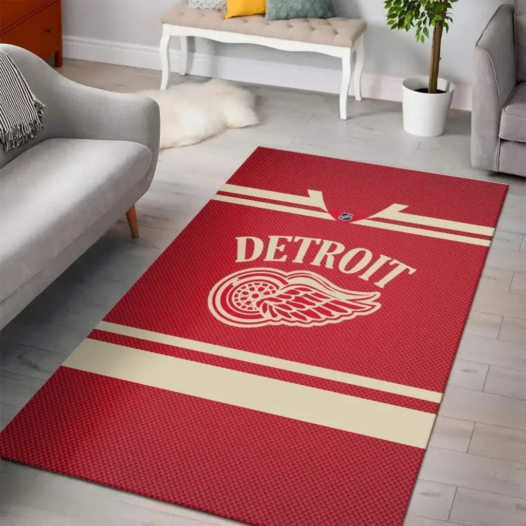 Detroit Wings Rug – Inspired Area for Living Room Decor Beige and Red
