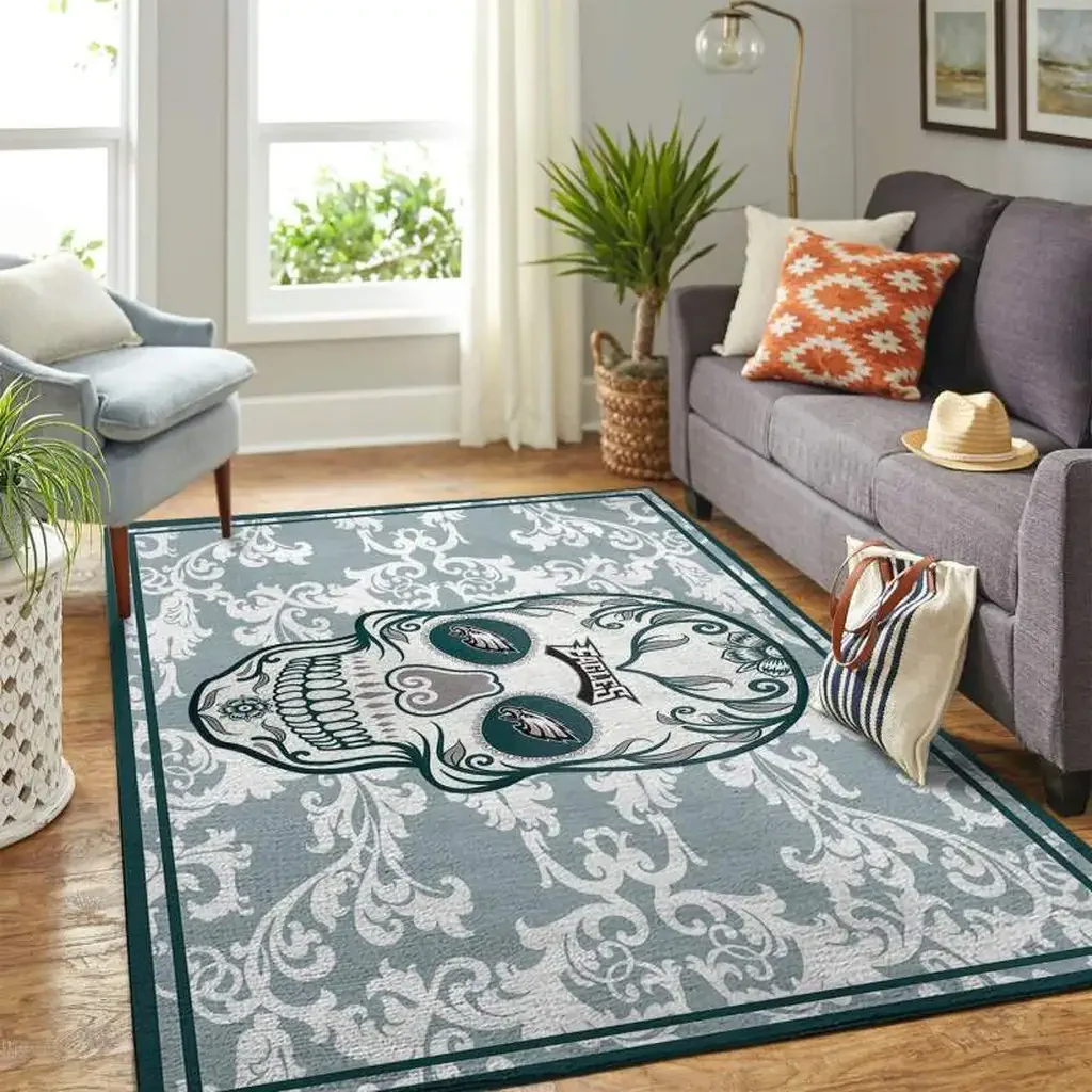 Decorative Rug with Vintage Skull Design for Living Room Blue and White
