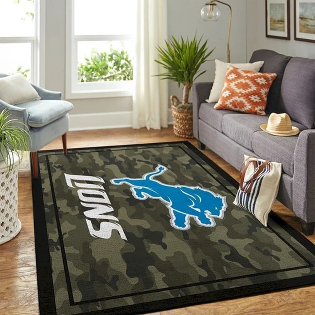 Detroit Lions Rug – Camo NFL Team Logo Floor Mat Blue and Green
